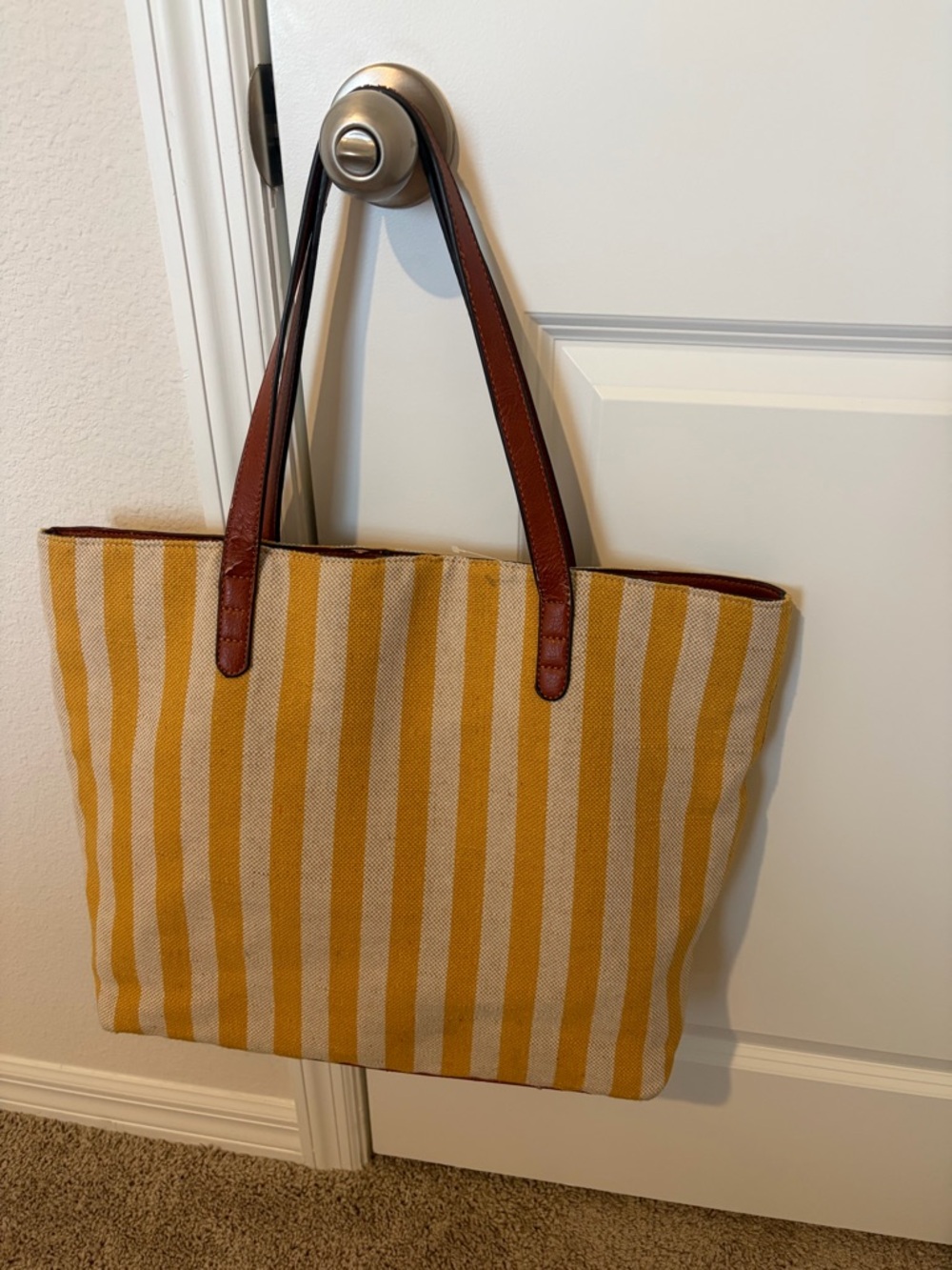 Striped Yellow Canvas Oversized Shopping Tote with Brown  Faux Leather Handles